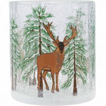 Artikel Teelichthalter Glas Crackle-Effekt Winterwald-Motiv H10cm