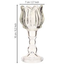 Artikel Teelichthalter aus Glas Tulpenform mit Fuss Transparent Ø7cm H16cm 2er Set