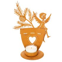 Artikel Teelichthalter aus Metall Engel mit Edelrost Ø8cm H18cm für weihnachtliche Dekoration