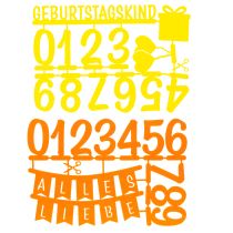 Artikel Filz-Tischdeko Geburtstag Zahlen 27,5x19,5cm Gelb/Orange 2er-Set inkl. Holzspatel