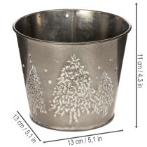 Artikel Metall Übertopf 13 cm Silber mit Glitzer-Tannen für Innenbereich