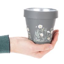 Artikel Blumentopf aus Metall, Ø 11 cm, Grau mit Gänseblümchen-Motiv, 4er Set, für Wohnräume
