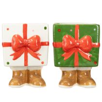 Artikel Keramik Übertopf Weihnachten Geschenkbox mit Füssen Grün oder Weiss H 12 cm