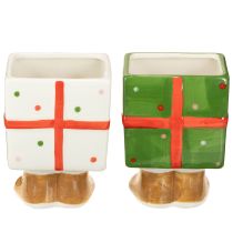 Artikel Keramik Übertopf Weihnachten Geschenkbox mit Füssen Grün oder Weiss H 12 cm