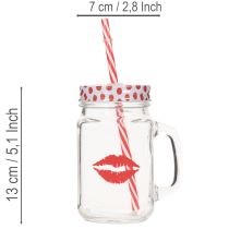 Artikel Trinkglas mit Deckel und Henkel aus Glas Ø7cm H13,5cm mit Kussmund-Motiv