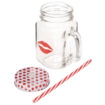 Artikel Trinkglas mit Deckel und Henkel aus Glas Ø7cm H13,5cm mit Kussmund-Motiv