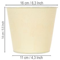 Artikel Metall Blumenübertopf Ø16cm H14cm Pastellgelb mit Blumenmuster für Innenbereich