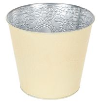 Artikel Metall Blumenübertopf Ø16cm H14cm Pastellgelb mit Blumenmuster für Innenbereich