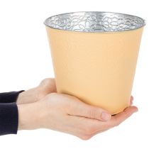 Artikel Metall Blumenübertopf Ø16cm H14cm Orange mit Blumenmuster