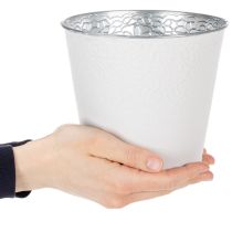 Artikel Blumenübertopf Metall Ø16cm H14cm Weiss mit geprägtem Rankenmuster für Innen
