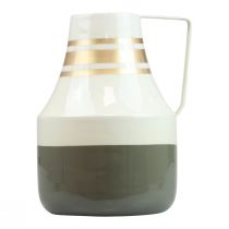 Artikel Metallvase mit Henkel Ø17cm H23cm, Creme/Grau/Gold, Vintage Stil