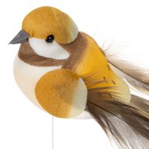Artikel Vogelstecker aus Schaumstoff mit Federn 10 cm Gelb Braun 12 Stück