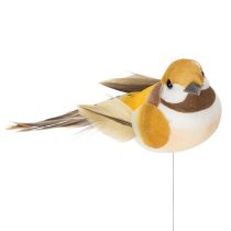 Artikel Vogelstecker aus Schaumstoff mit Federn 10 cm Gelb Braun 12 Stück