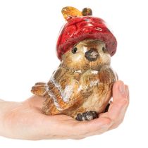Artikel Dekofigur Vogel in Braun mit roter Apfel-Mütze aus Keramik 13 cm