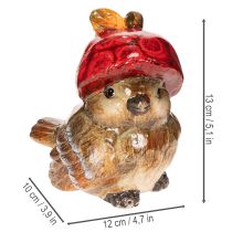 Artikel Dekofigur Vogel in Braun mit roter Apfel-Mütze aus Keramik 13 cm