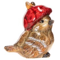 Artikel Dekofigur Vogel in Braun mit roter Apfel-Mütze aus Keramik 13 cm