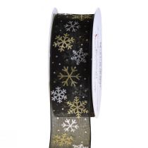 Weihnachtsband Organza Schneeflocken Schwarz Gold 40mm 15m