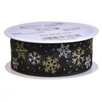 Artikel Weihnachtsband Organza Schneeflocken Schwarz Gold 40mm 15m
