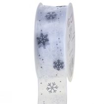 Artikel Weihnachtsband Organza Schneeflocken Weiß Grau 40mm 15m