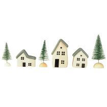 Artikel Weihnachtsdorf aus Holz mit Häusern und Tannen, Grün-Weiss, 6-teilig