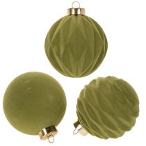 Artikel Christbaumkugeln aus Kunststoff in Moosgrün, 8 cm, Samtoptik, Struktur-Mix, Set mit 12 Stück