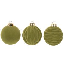 Artikel Christbaumkugeln aus Kunststoff in Moosgrün, 8 cm, Samtoptik, Struktur-Mix, Set mit 12 Stück