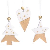 Artikel Weihnachtsschmuck Holz Stern Baum Herz 6 St Weiß Gold Deko Anhänger