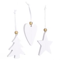 Artikel Weihnachtsdeko Anhänger Holz 6er Set Weiss Gold Stern Baum Herz 6,5-7cm