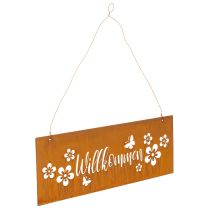 Artikel Metallschild "Willkommen" Edelrost mit Blumenmotiv 40x15cm für Aussenbereich