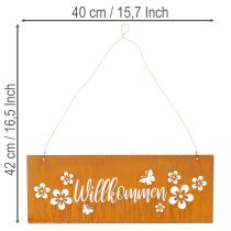 Artikel Metallschild "Willkommen" Edelrost mit Blumenmotiv 40x15cm für Aussenbereich
