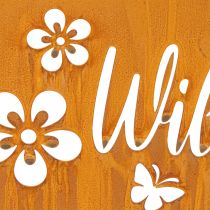 Artikel Metallschild "Willkommen" Edelrost mit Blumenmotiv 40x15cm für Aussenbereich