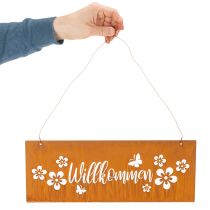 Artikel Metallschild "Willkommen" Edelrost mit Blumenmotiv 40x15cm für Aussenbereich