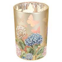 Artikel Teelichthalter aus Glas, 18 cm, Innen versilbert, Blumenmotiv in Beige und Gold
