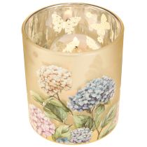 Artikel Deko Windlicht Glas Blumenmotiv Hortensien Beige 8cm 4er Set
