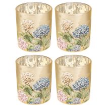 Artikel Deko Windlicht Glas Blumenmotiv Hortensien Beige 8cm 4er Set