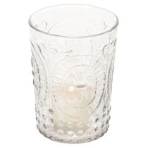 Artikel Windlicht aus Glas, transparenter Teelichthalter mit Ornamenten, Ø7,5cm H10cm