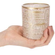 Artikel Windlicht Teelichthalter Glas Paisley-Muster Ø8cm H9cm 2er-Set Braun Weiss Gold
