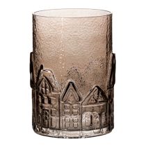 Artikel Windlicht aus braunem Glas mit Häuser-Relief, 23 cm hoch