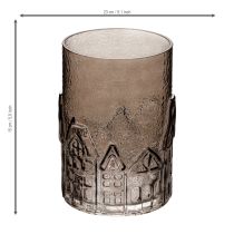 Artikel Windlicht aus braunem Glas mit Häuser-Relief, 23 cm hoch