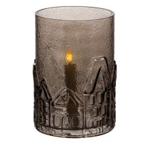 Artikel Windlicht aus braunem Glas mit Häuser-Relief, 23 cm hoch