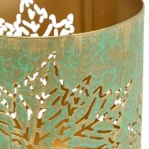 Artikel Teelichthalter Metall mit Herbstlaub-Motiv Ø8/10/13cm Gold-Türkis Set 3 Stk