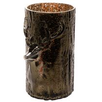 Artikel Windlicht Glas Grünbraun mit Hirsch und Baumreliefs 26 cm für Innenbereich