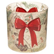 Artikel Windlicht Glas mit roter Schleife und Winterzweigen 15 cm