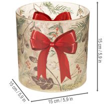 Artikel Windlicht Glas mit roter Schleife und Winterzweigen 15 cm
