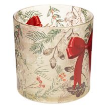 Artikel Windlicht Glas mit roter Schleife und Winterzweigen 15 cm
