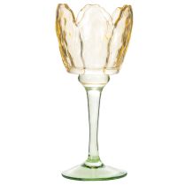 Artikel Teelichthalter aus Glas Tulpenform mit Blütenmotiv Ø 9 cm Gelb Grün, 20 cm hoch