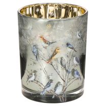 Artikel Kerzenglas aus Glas, Winterdesign mit Vögeln, gold glänzend, Höhe 12 cm, für Innenbereich