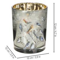 Artikel Kerzenglas aus Glas, Winterdesign mit Vögeln, gold glänzend, Höhe 12 cm, für Innenbereich