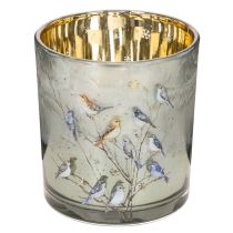 Artikel Windlicht aus Glas mit Vogel- und Schneeflockenmotiv in Gold 8 cm, 2er-Set