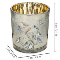 Artikel Windlicht aus Glas mit Vogel- und Schneeflockenmotiv in Gold 8 cm, 2er-Set